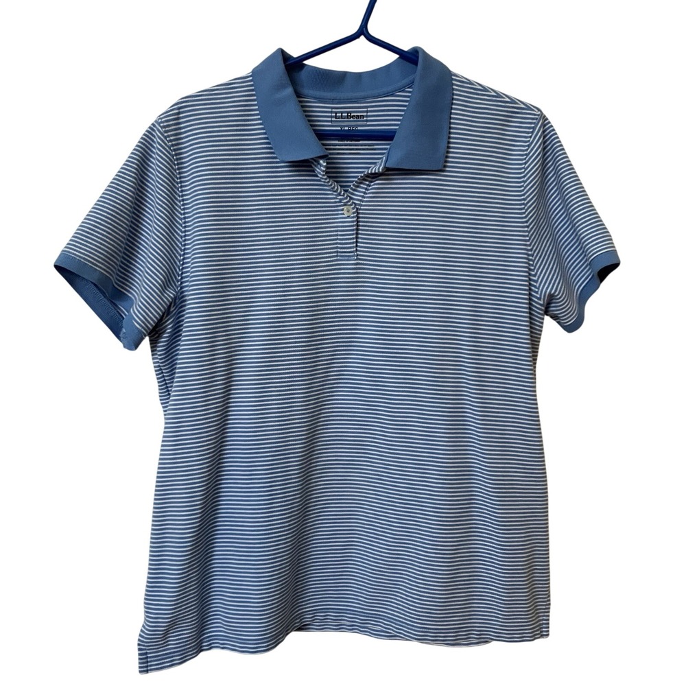 LL Bean Womens XL Blue White Striped Short Sleeve Cotton Polo Shirt 280730